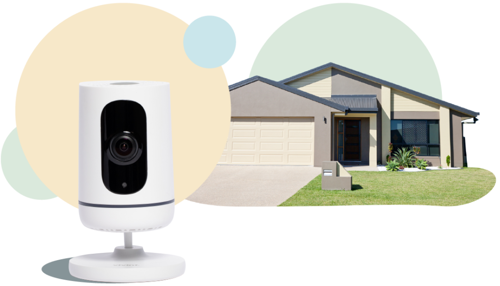 Home security camera and a house on an abstract background of colorful bubbles